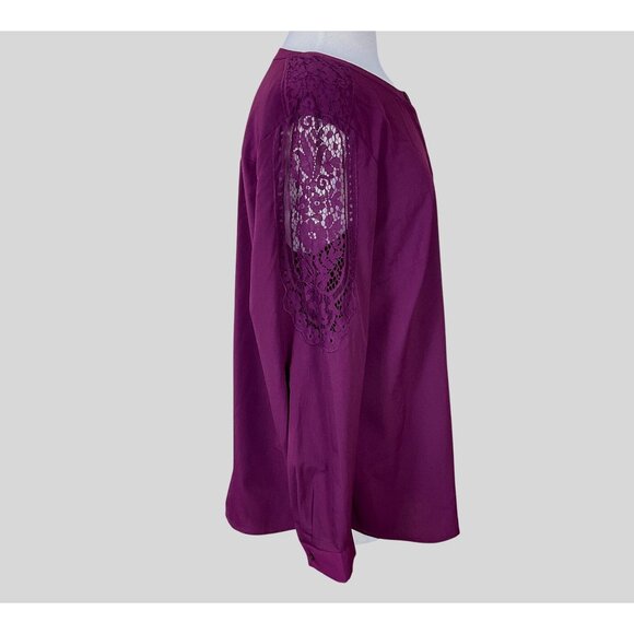 Talbots Lace Inset Long Sleeve Hidden Button Front Deep Wine Colored Blouse 1X - Picture 3 of 7
